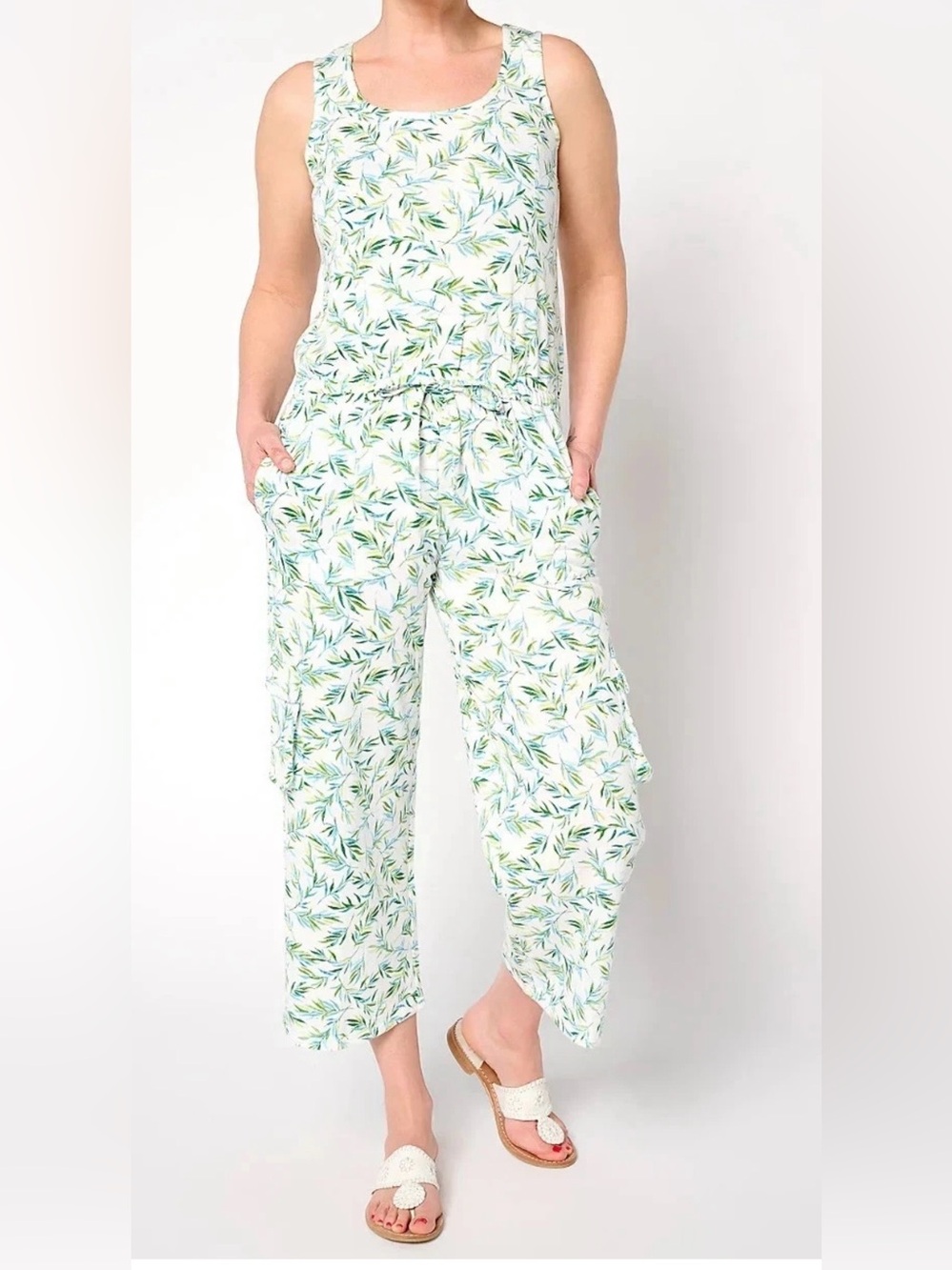 Muk Luks French Terry Sleeveless Jungle Palm Print Drawstring Jumpsuit Small